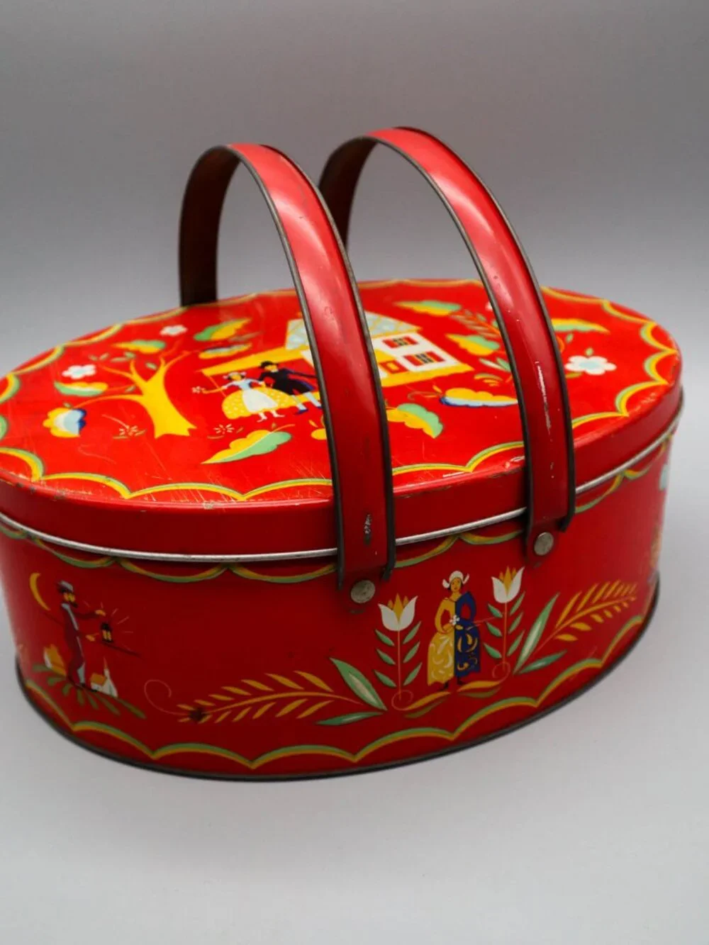 Vintage Pennsylvania Dutch Folk Art Storage Tin Sewing Basket w/ Swivel Handles